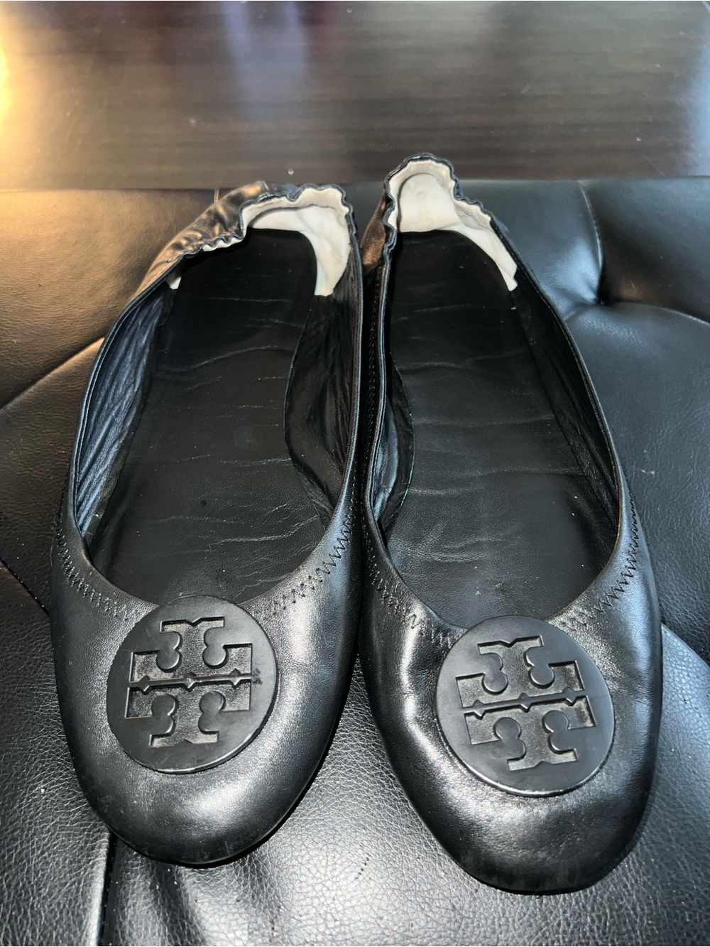 Tory Burch Black Leather Logo Ballet Flats